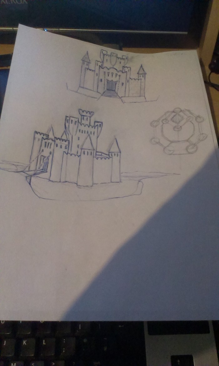 Concept designs for the box cover and for the Octagons (keeps) on the board.