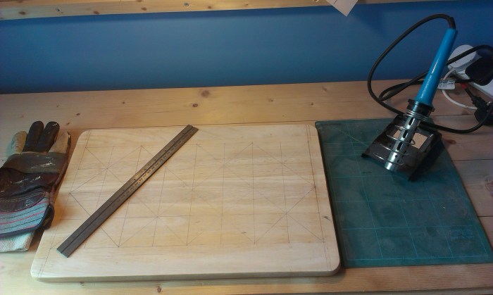 The soldering Iron, Metal Ruler, Glove and board ready to go.