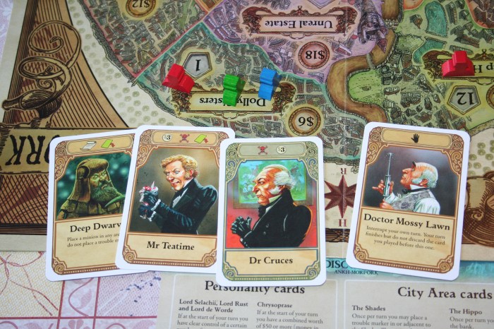 Here I was able (from left to right) the place a minion without placing a trouble marker, which can be very a useful at some points in the game, play another card, take $3, assassinate someone, play another card, assassinate someone else, take $3, and I then played Doctor Mossy, to interrupt my own turn and not have to discard Dr Cruces. in this way I was then able to assassinate more people on my next turn!