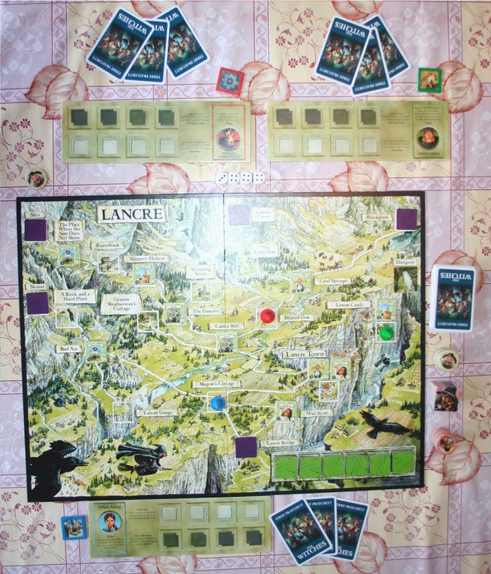 Complete starting set up for three players - as you can see, Dimity Hubbub is not in play in this game.