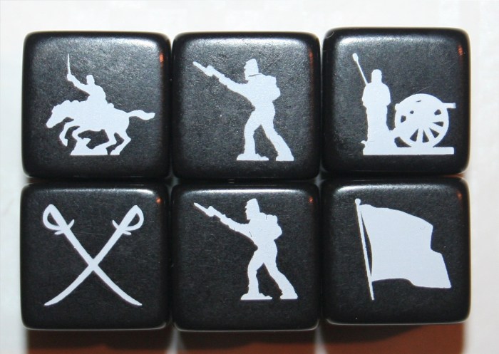 The Battle Dice. As you can see, there are two Infantry symbols showing. This is because there are two sides of each die with the Infantry symbol on them. Making them the easiest units to capture.