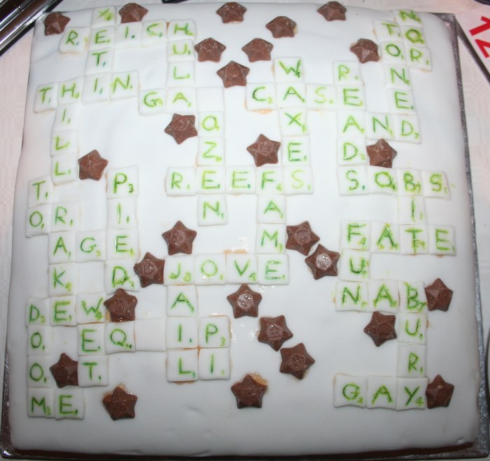 My first attempt at a Scrabble-cake. The next one'll look less odd.