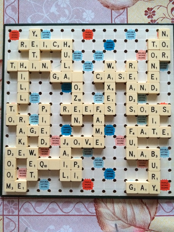 This game was played on our travel-Scrabble board, rather than the (much nicer) board, that features in our actual Scrabble post.