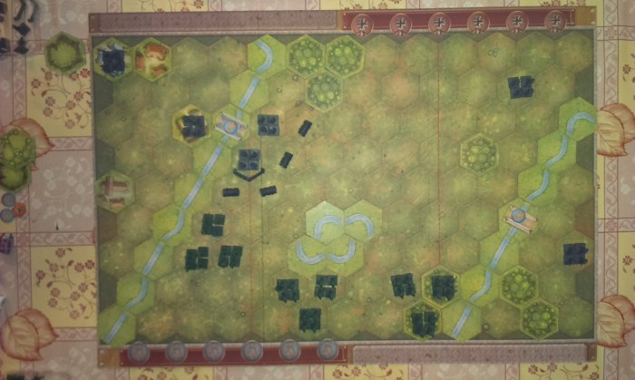 The starting set up of the first scenario in the rulebook